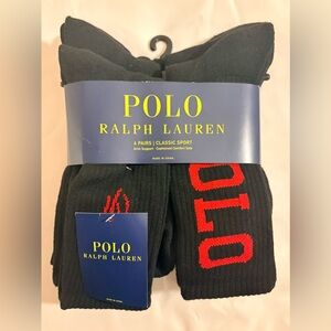 POLO RALPH LAUREN Men’s Classic Sport Crew Socks 6 Pack Black with Red Logo New